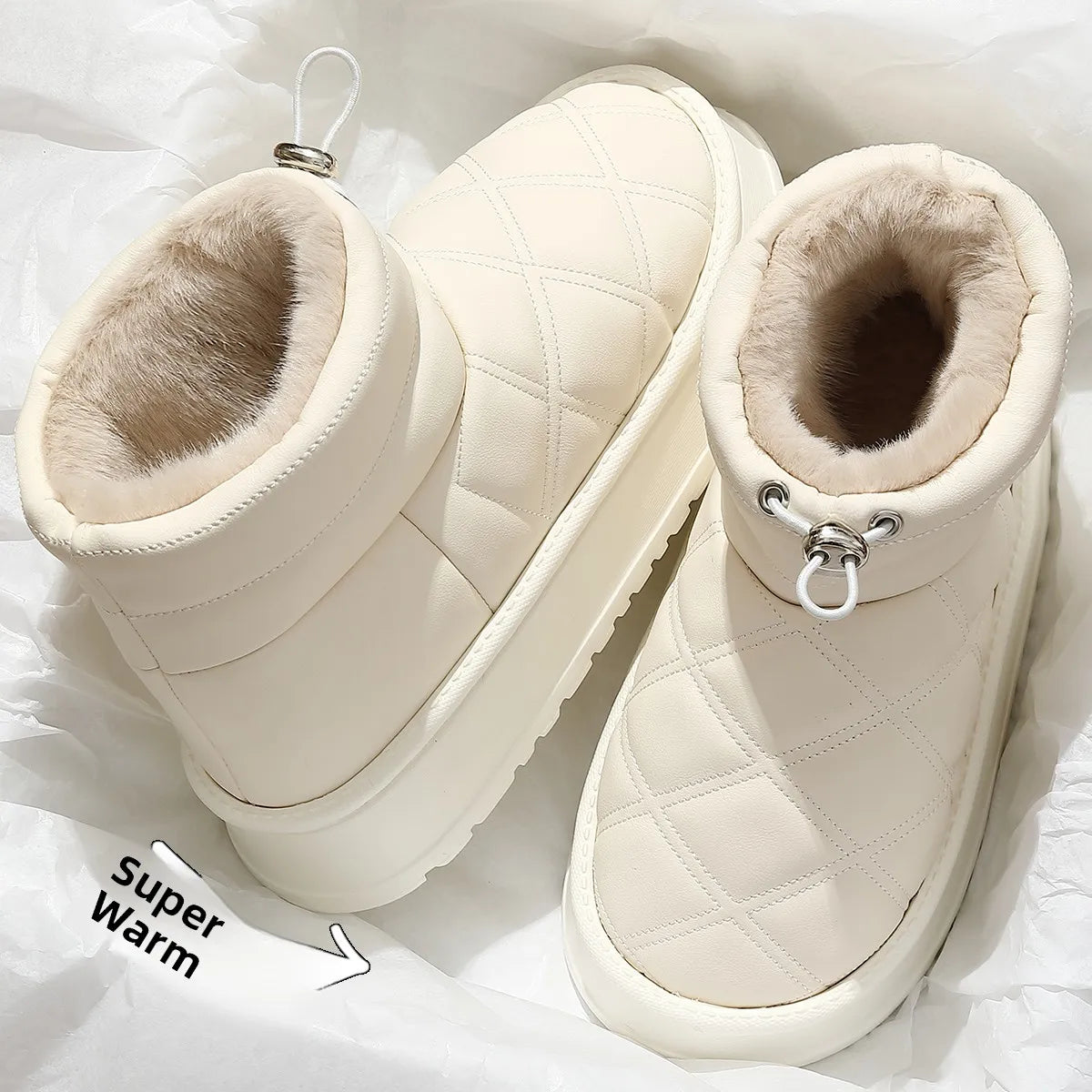 Women's Winter High-Top Fur Lined PU Leather Snow Boots Waterproof Cotton Shoes Warm Fashionable Short Tube EVA Inner Material