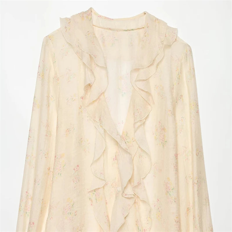 Guobioziy Elegant Women Floral Print Chiffon Blouse Ruffle Trim V‑Neck Flare Sleeve Top For Dating Office Daily Outfi