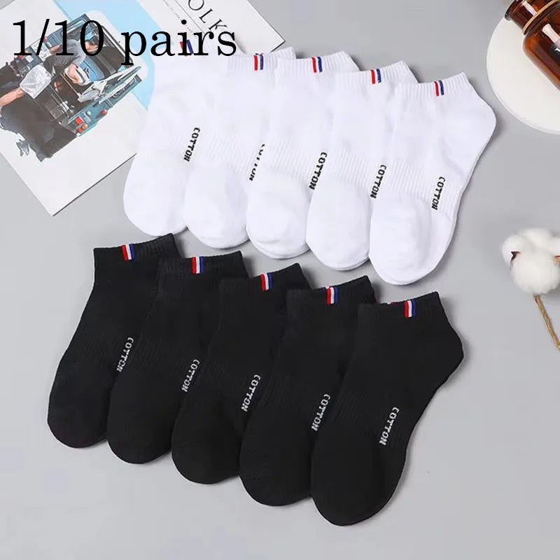 Men's Striped Cotton Ankle Socks – 5 or 10 Pairs, Black & White