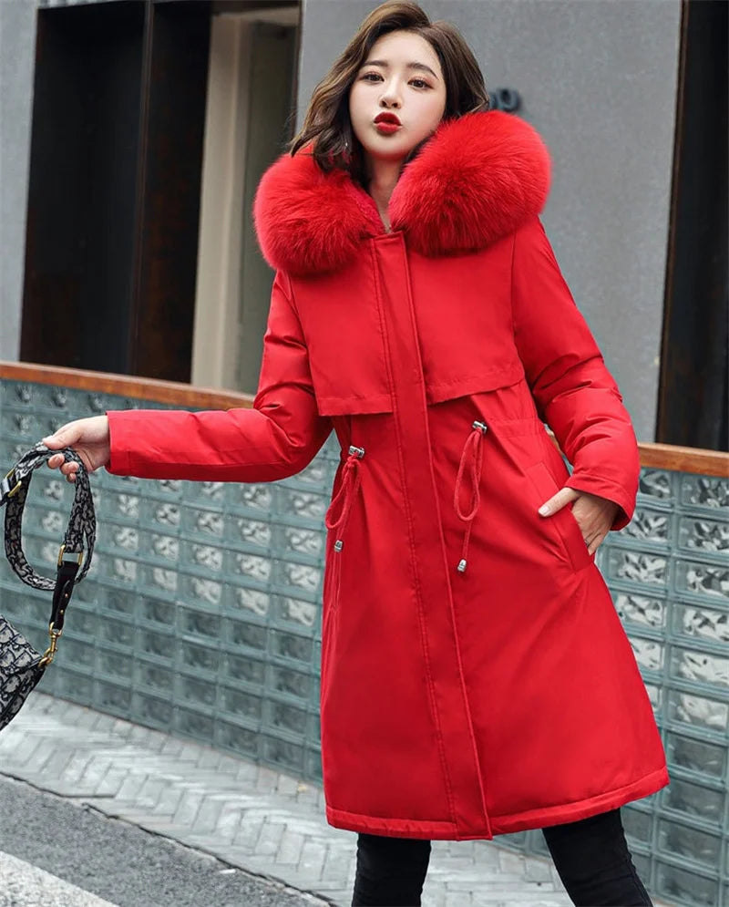 Winter Jacket 2026 New Women Parka Clothes Long Coat Wool Liner Hooded Jacket Fur Collar Thick Warm Snow Wear Padded Parka 6XL