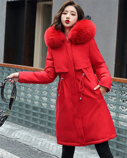 Langer wattierter Damen-Winterparka mit Kapuze