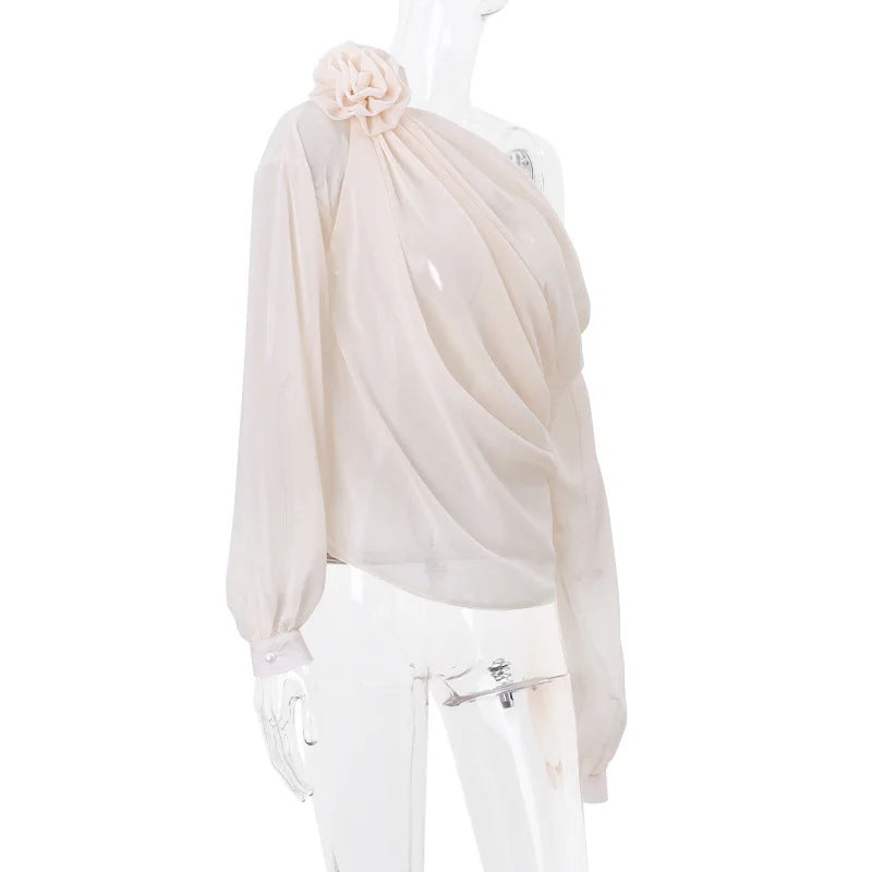 Women's Chiffon Blouse – Tie Flower Slash Neck Loose Top for Spring & Summer