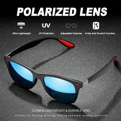 Sunglasses with blue lenses on a dark background, featuring text about polarized lenses and product features.