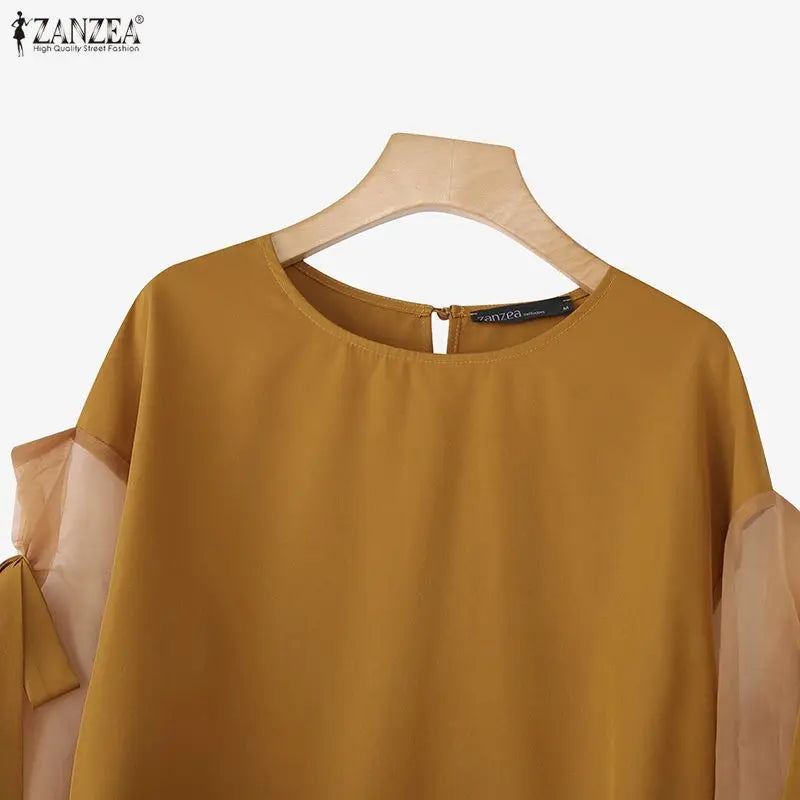 ZANZEA Elegant Bow Women Blouse 2025 Autumn Fashion Mesh Patchwork Long Lantern Sleeve Casual Tops Shirts Korean Ladies Blusas