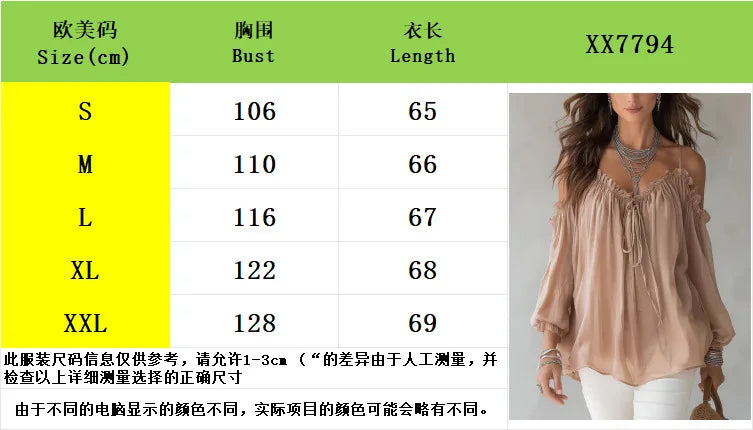 Elegant Off Shoulder Blouse Ruffled V Neck Lace Up Puff Sleeve Chiffon Shirts Loose Casual Summer Fashion Women Long Sleeve Top