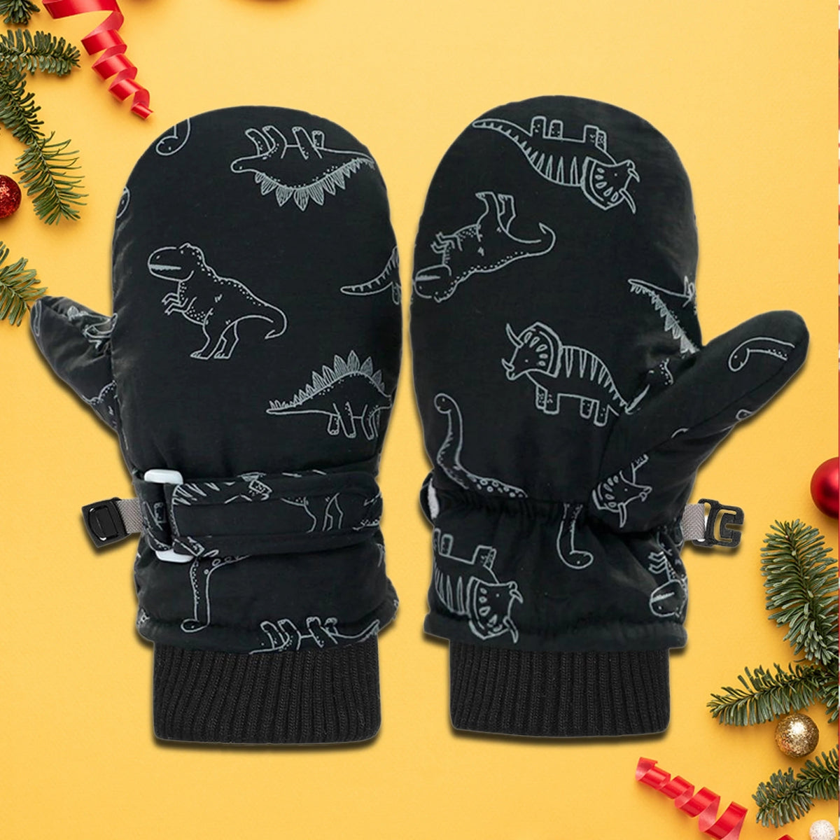 Kids' Dinosaur Print Fleece-Lined Snow Mittens
