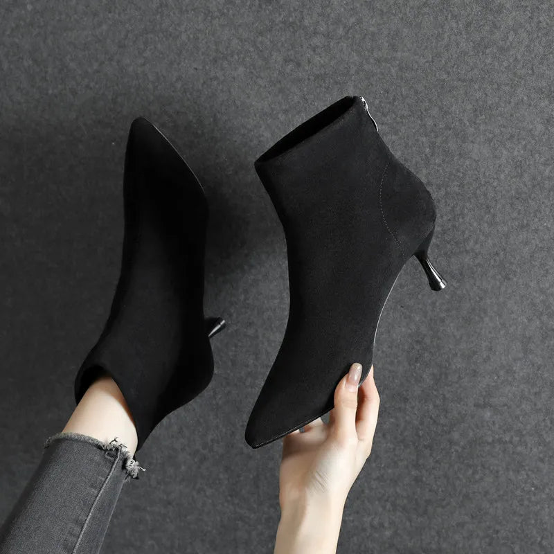 Suede Pointy Toe Ankle Boots Zipper Thin Heels Size 31-43 Winter Short Boots for Women High Heels Big Size High Heels