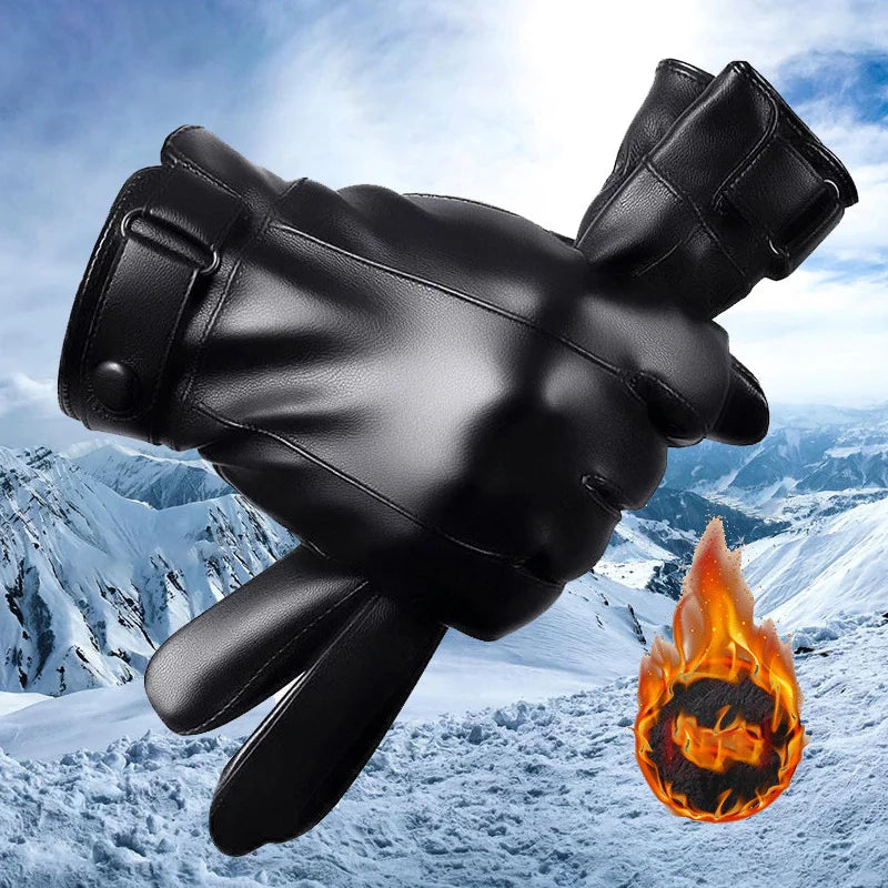 Men's Velvet-Lined Faux Leather Winter Gloves – Black