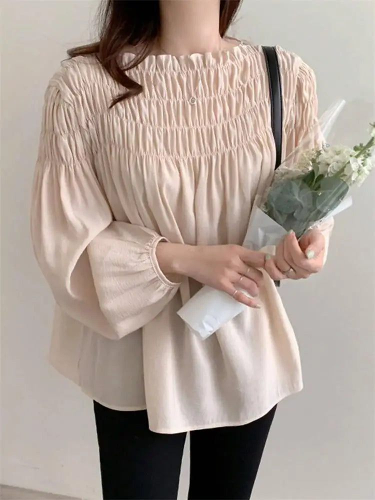 Korean Chic Sweet Elegant Chiffon Blouse With Puff Sleeves Round Neck Pleated Design for Women's Summer Shirts Loose Casual Top