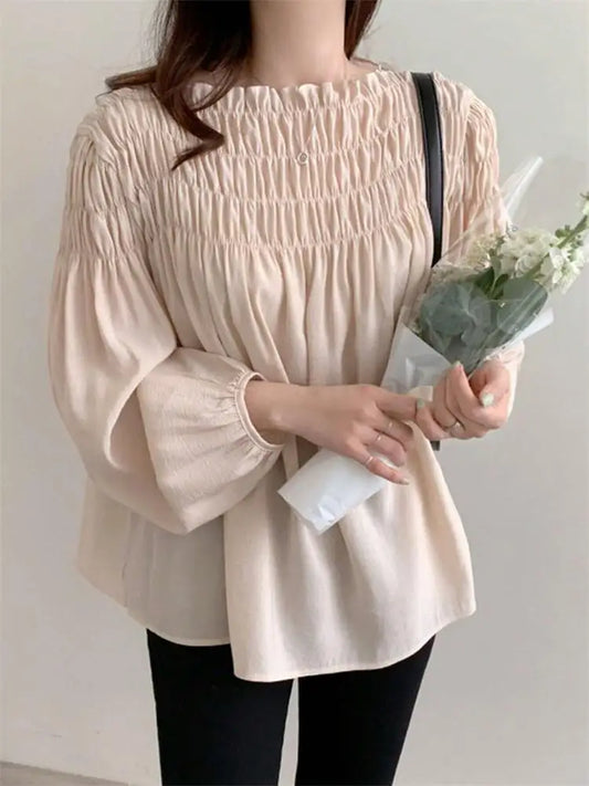 Pleated Puff-Sleeve Chiffon Blouse