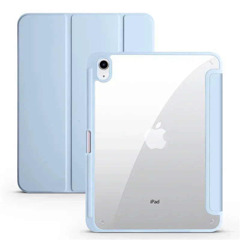 Light blue tablet case with clear back on a white background