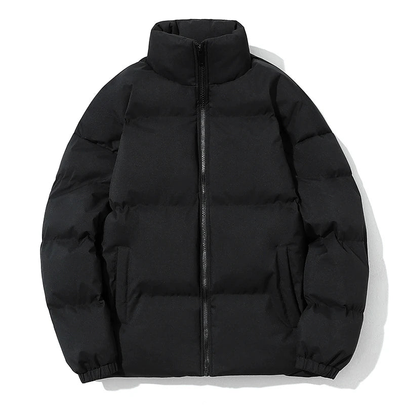 Women Men Winter Puffer Jacket, Solid Color Zip Up Stand Collar Warm Coat, Loose Casual Long Sleeve Outerwear For Daily