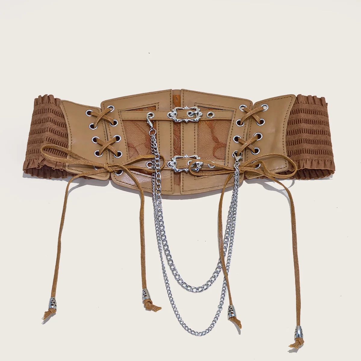 Lace-Up Corset Belt with Chain – Wide Faux Leather Waist Belt