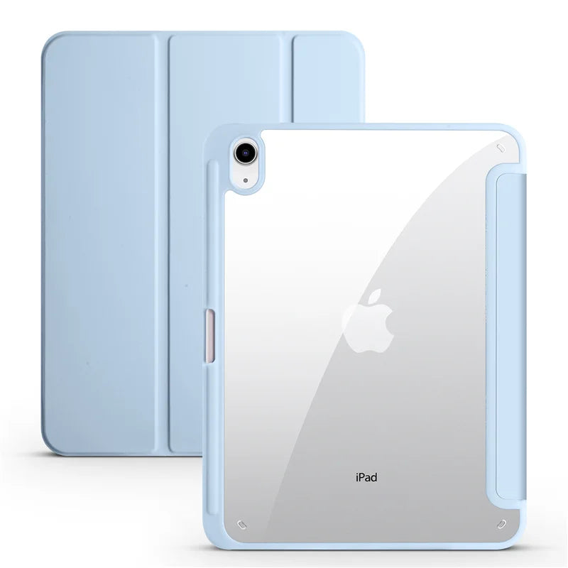 Light blue tablet case with clear back on a white background
