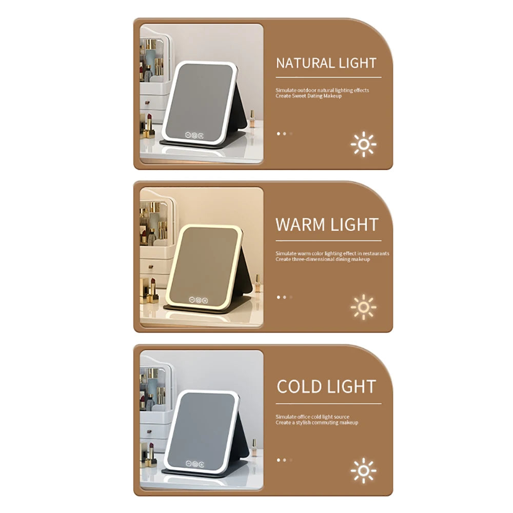 Foldable LED Makeup Mirror – 3 Light Colours, Dimmable Touch Control, Rechargeable