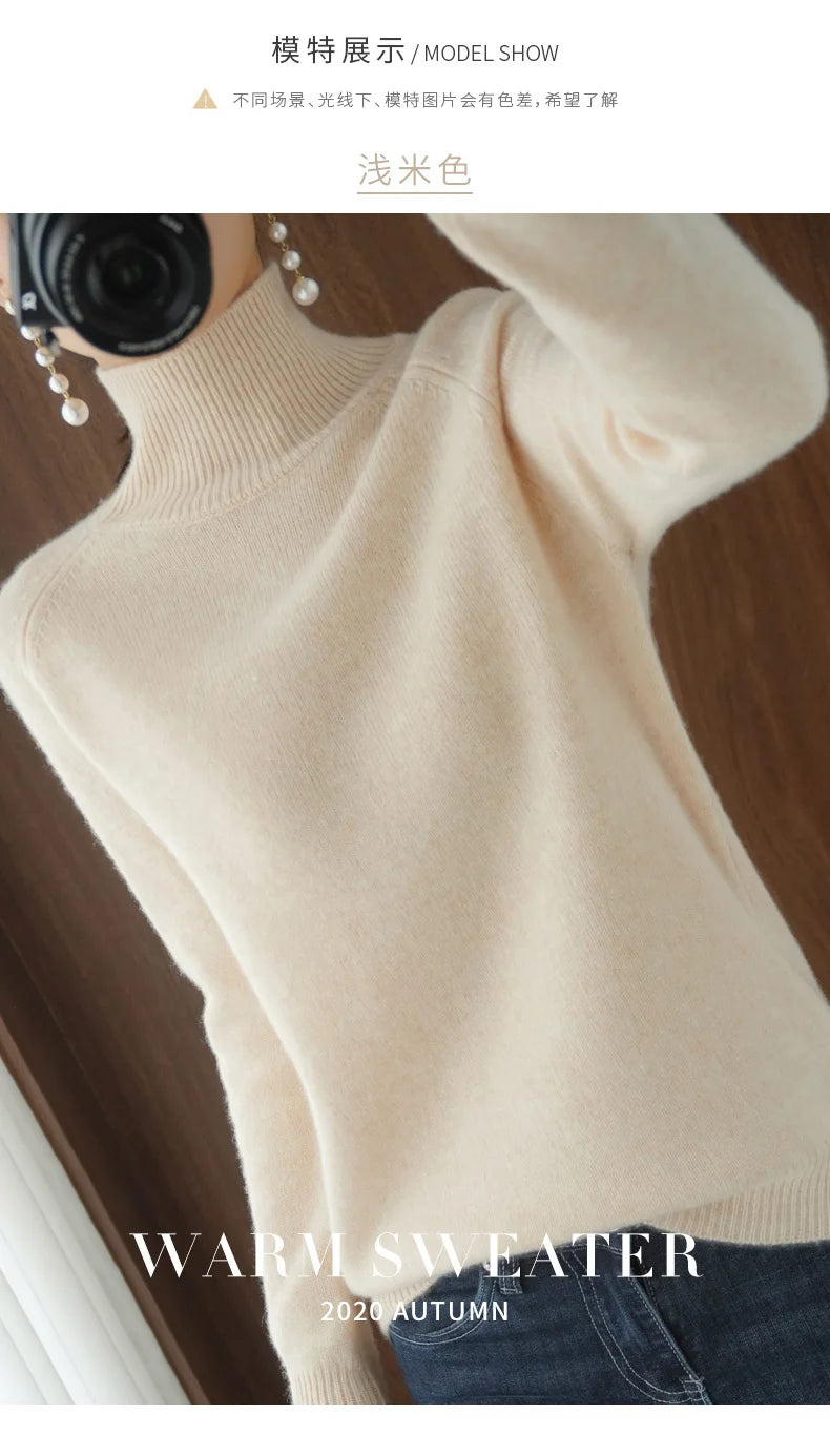 Fashion Basic Autumn Winter Merino Wool Sweater Mock Neck Cashmere Pullover Solid Color Soft Long Sleeve Basic Clothing Tops