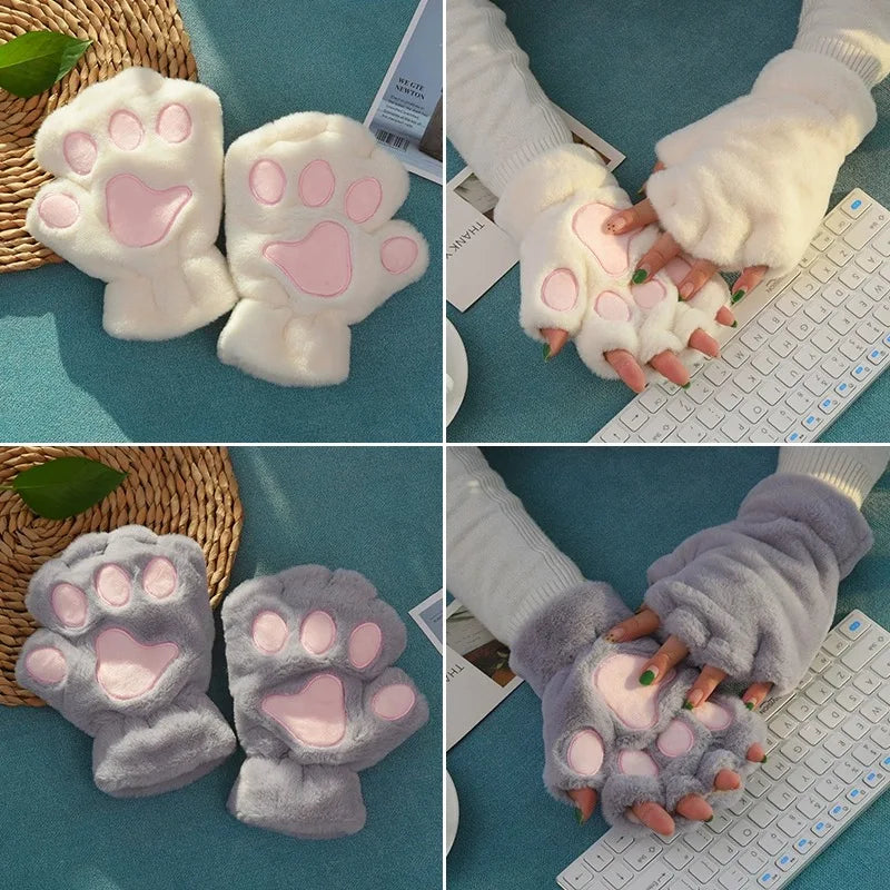 Women's Plush Cat Paw Fingerless Gloves
