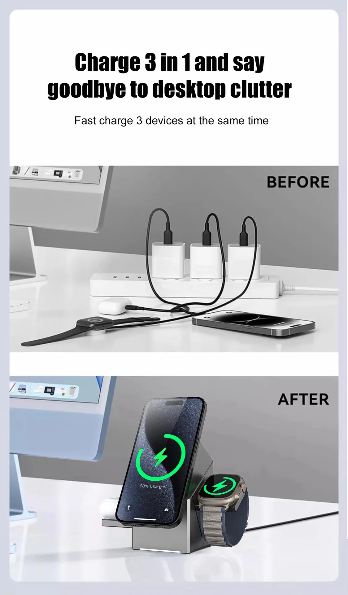 3-in-1 Magnetic Wireless Charging Station for iPhone, Watch & Earbuds