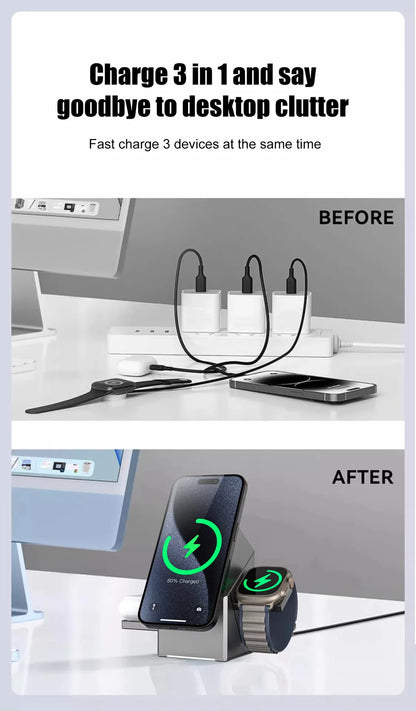 Estación de carga inalámbrica magnética 3 en 1 para iPhone, Watch y Earbuds
