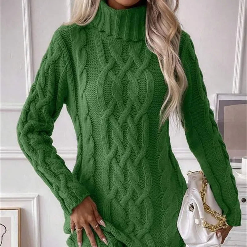 Women's Twisted-Knit Turtleneck Knee-Length Dress