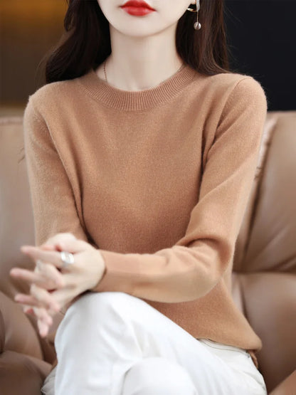 Suéter de moda 100 % lana merina, elegante jersey de cachemira para mujer, prenda básica de punto con cuello redondo y manga larga, top tipo jersey