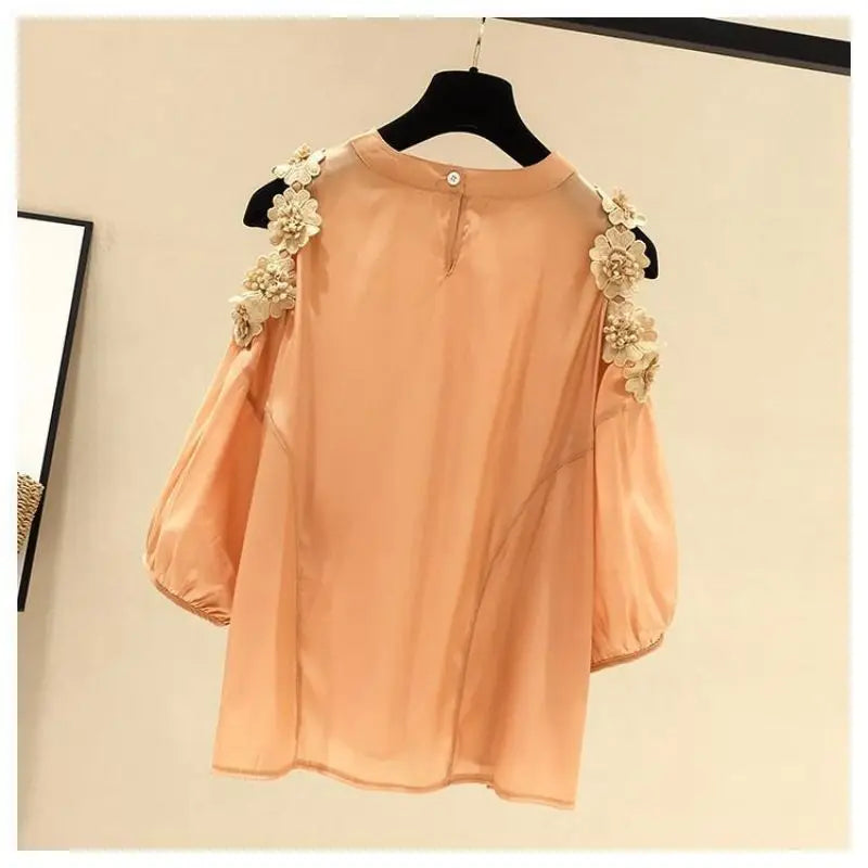 Flower Three-dimensional Decoration Raglan Sleeve O-Neck Pullover Women's Blouse Shirt Female Fashion Blouses Women Clothing