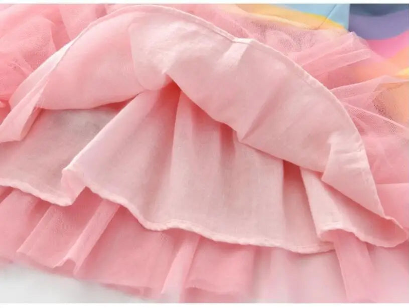 Girls' Rainbow Stripe Fleece Tutu Dress - Long Sleeve Autumn Princess Dress, 3T-7T
