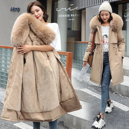 Langer wattierter Damen-Winterparka mit Kapuze