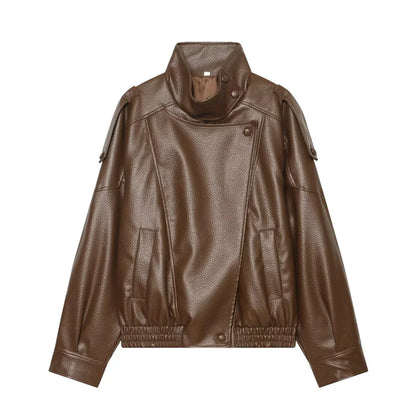 Chaqueta de cuero sintético con cremallera para mujer Guobioziy