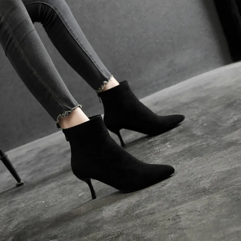 Suede Pointy Toe Ankle Boots Zipper Thin Heels Size 31-43 Winter Short Boots for Women High Heels Big Size High Heels
