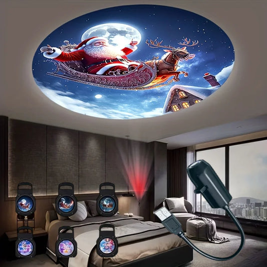 Mini USB Christmas Projector – Santa, Snowman & Tree Patterns
