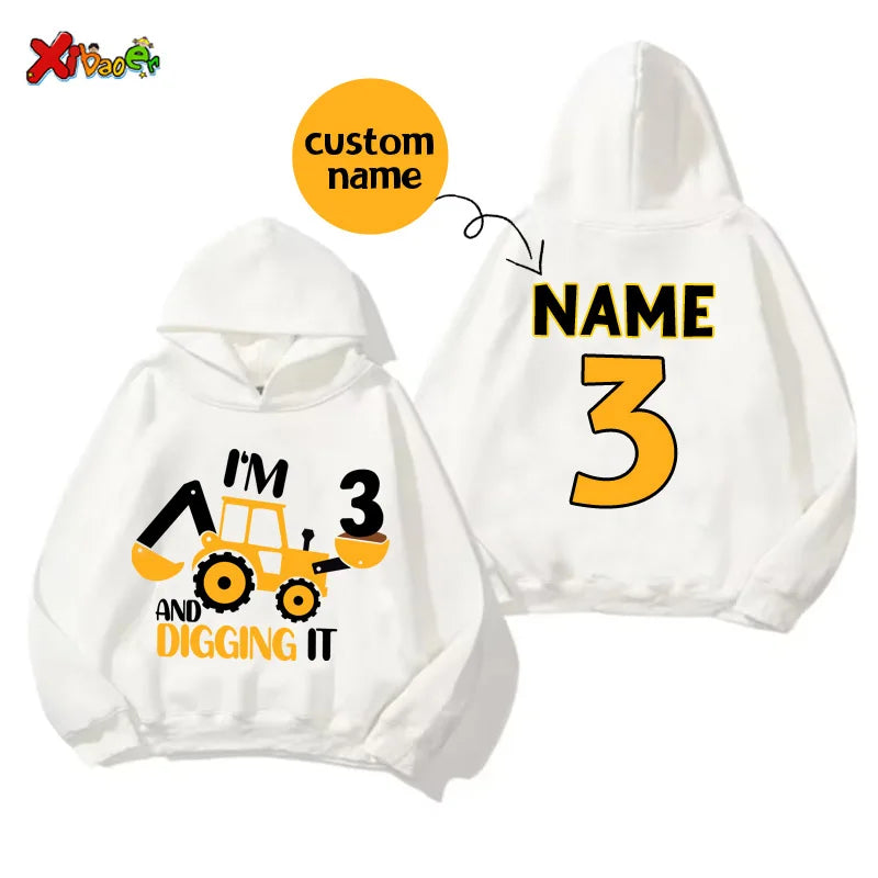 Kids' Custom Name Excavator Hoodie - Personalised Construction Birthday Sweatshirt