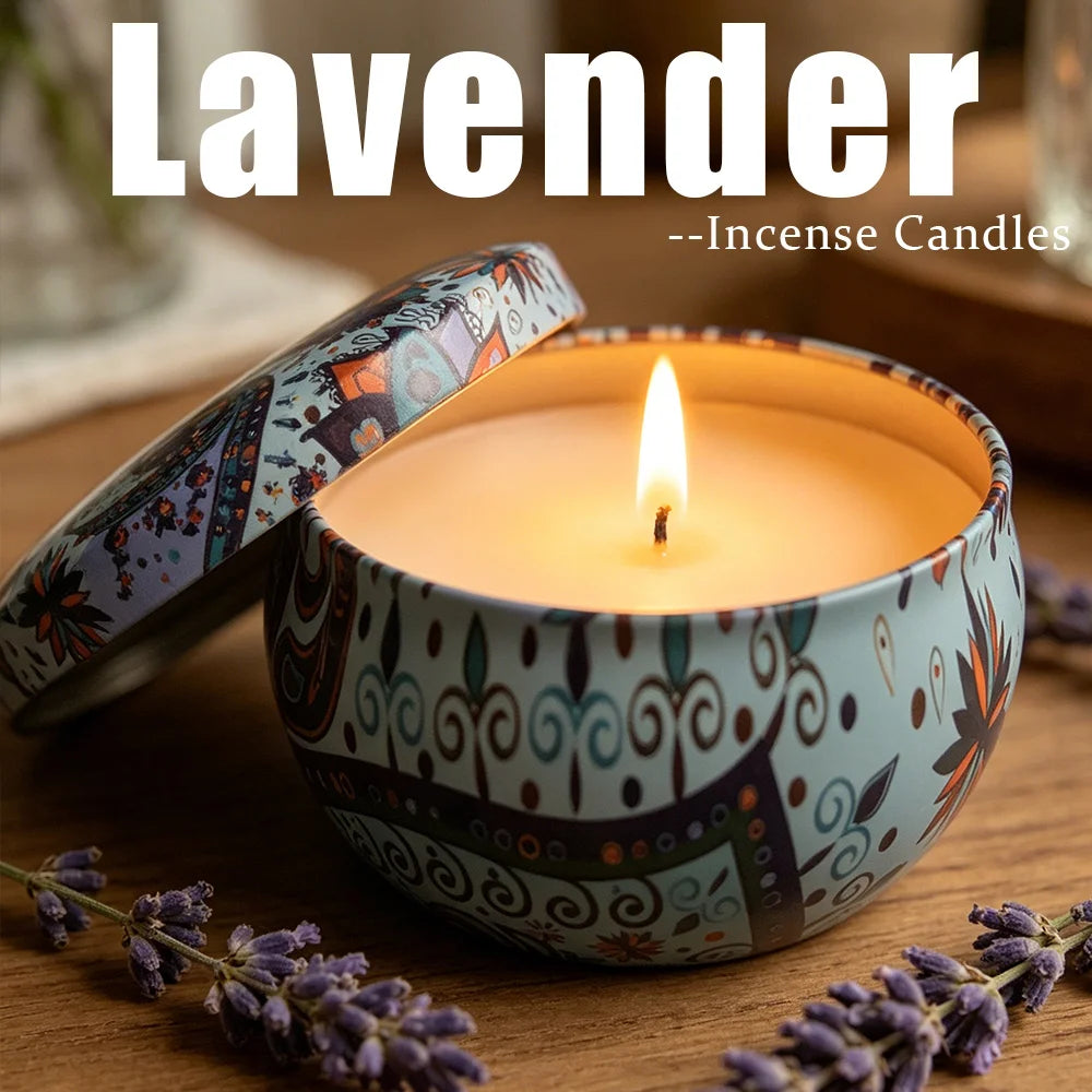 Exquisite Scented Candles in a Tin Box, Containing 4 Flavors Including Honeysuckle, Lavender, Lemongrass, and Freesia, Essential Oil-Infused, with Long-Lasting Fragrance, Suitable for Home, Office, Yoga, and Meditation