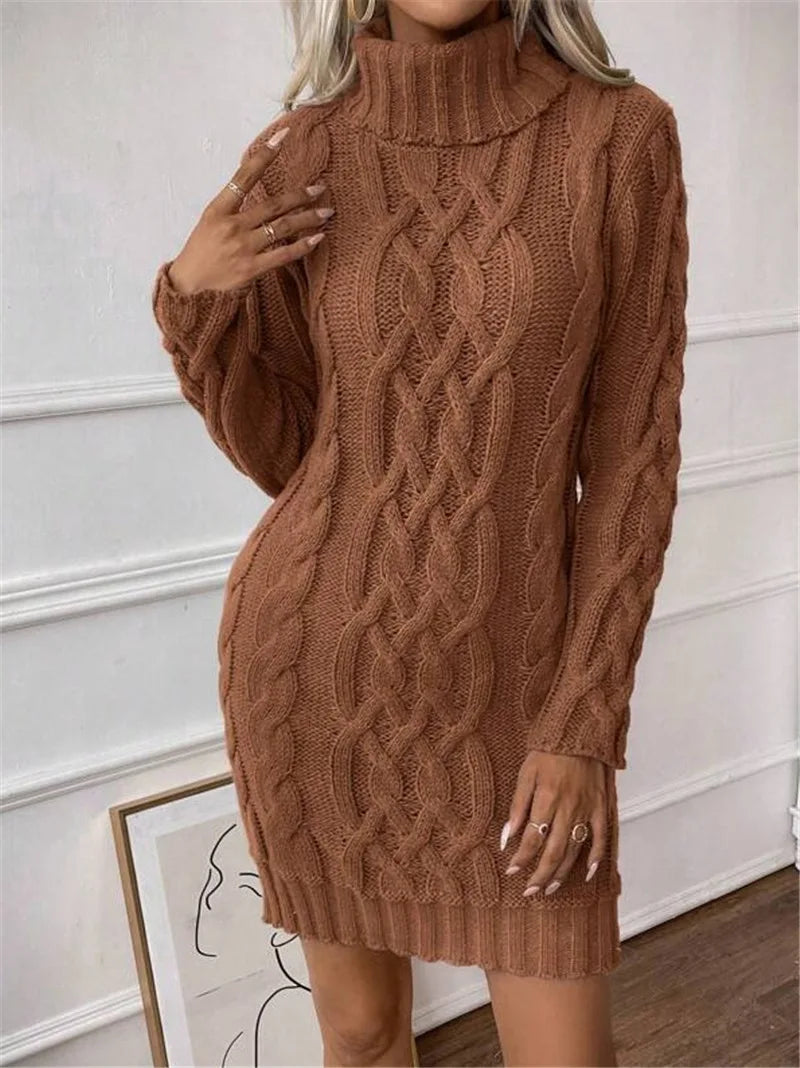 Women's Twisted-Knit Turtleneck Knee-Length Dress