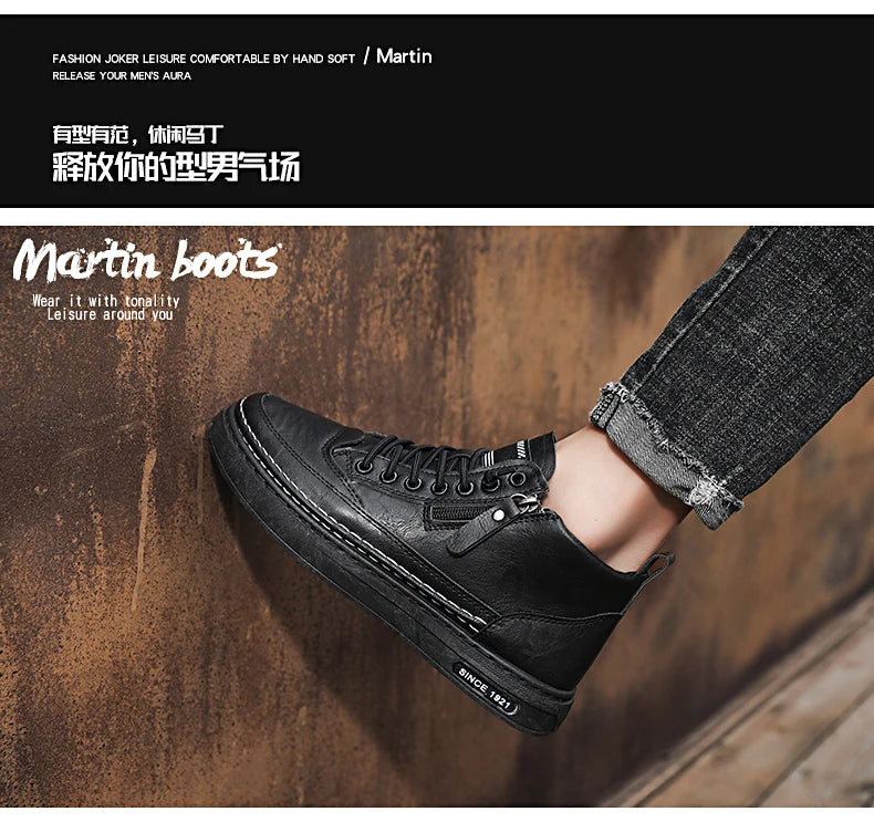 Men's boots autumn and winter new warm plush outdoor casual boots work boots fashion versatile soft soled comfort leather boots