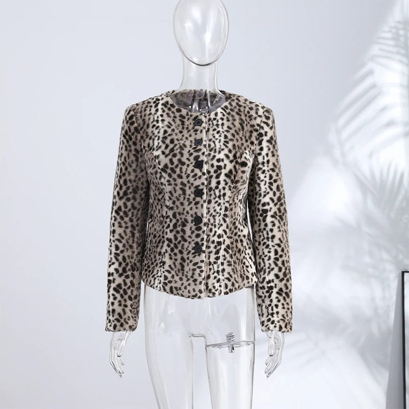 Street Leopard Print Fur Cuffs Jacket Women Stand Collar Full Sleeve Buttons Jackets 2026 Autumn Winter Fashion Lady Outwear