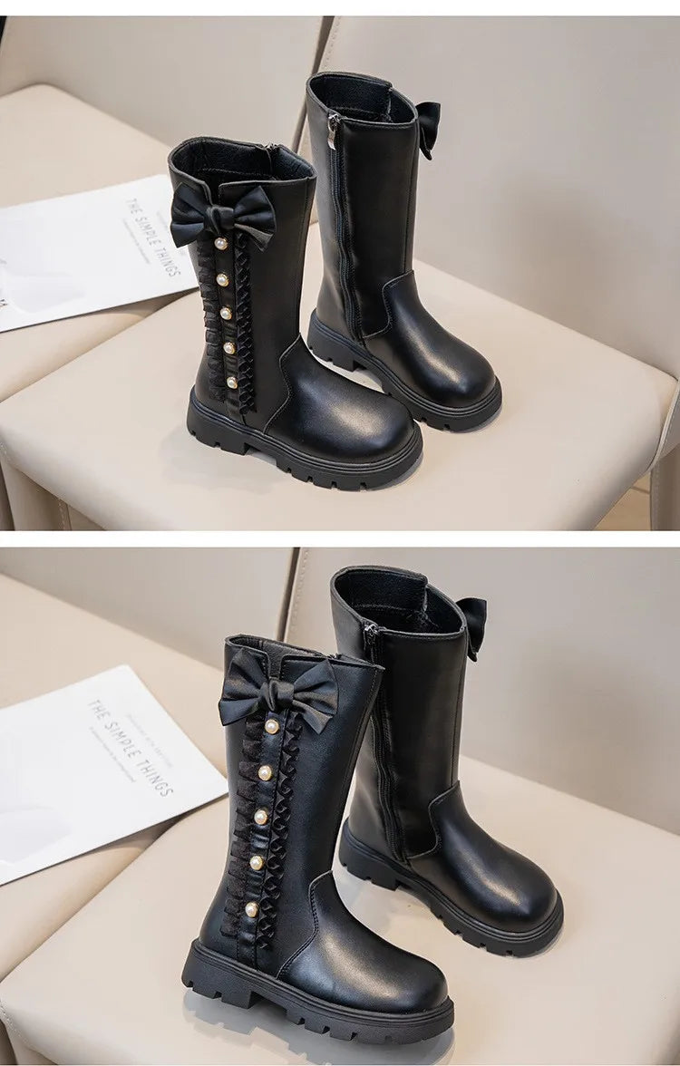 Girls' Waterproof Knee-High Boots with Bow & Lace