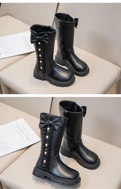 Girls' Waterproof Knee-High Boots with Bow & Lace