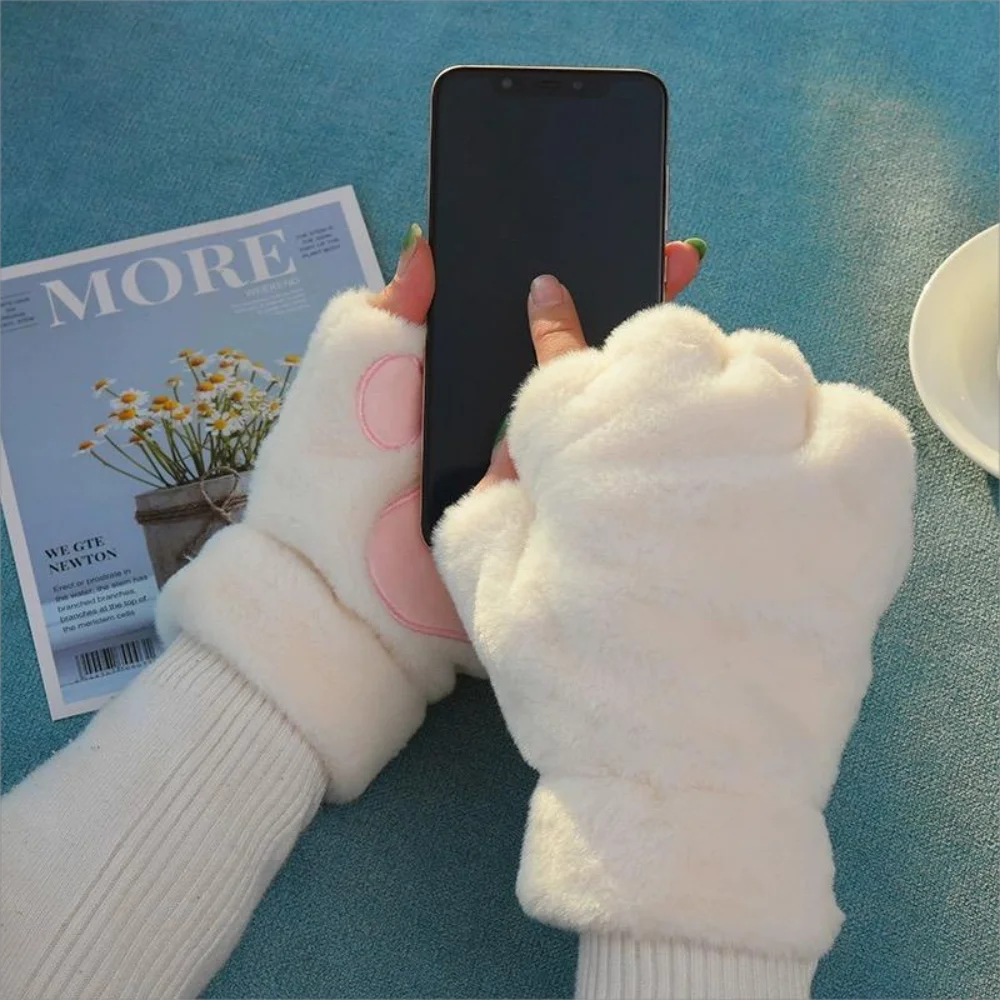 Women's Plush Cat Paw Fingerless Gloves
