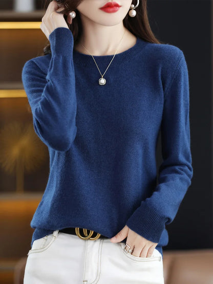 Suéter de moda 100 % lana merina, elegante jersey de cachemira para mujer, prenda básica de punto con cuello redondo y manga larga, top tipo jersey