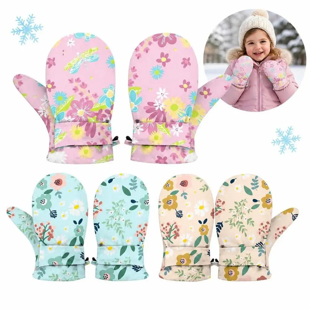 Kids' Floral Fleece-Lined Snow Mittens with Anti-Lost Clip