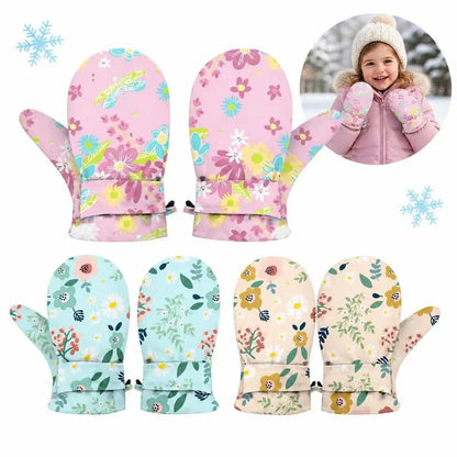 Fleecefütterte Kinder-Schneemützen mit Blumenmuster und Verlustschutzclip