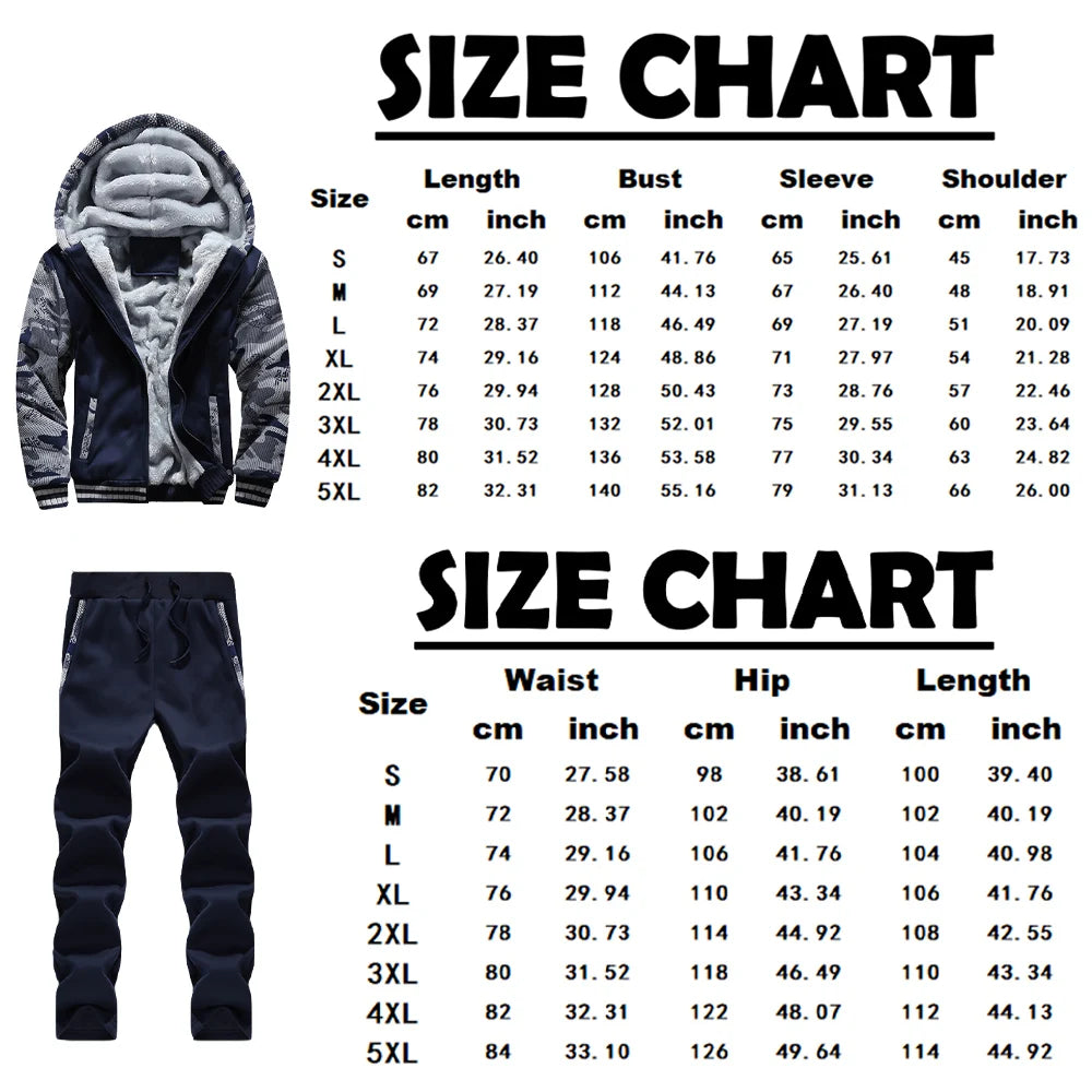 Men's Winter Jackets Thick Warm Jacket Brand Sportswear Coat Pants Solid Color Fleece Zipper Hooded Long Sleeved Male Outerwear