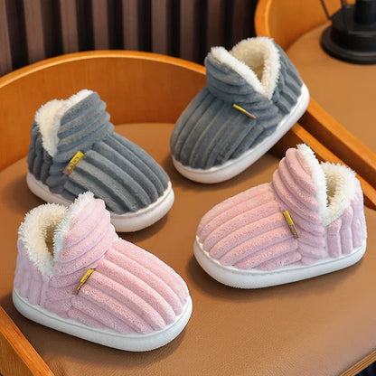 Kids' Striped Plush Slippers – Warm Non-Slip Heel-Wrap House Shoes
