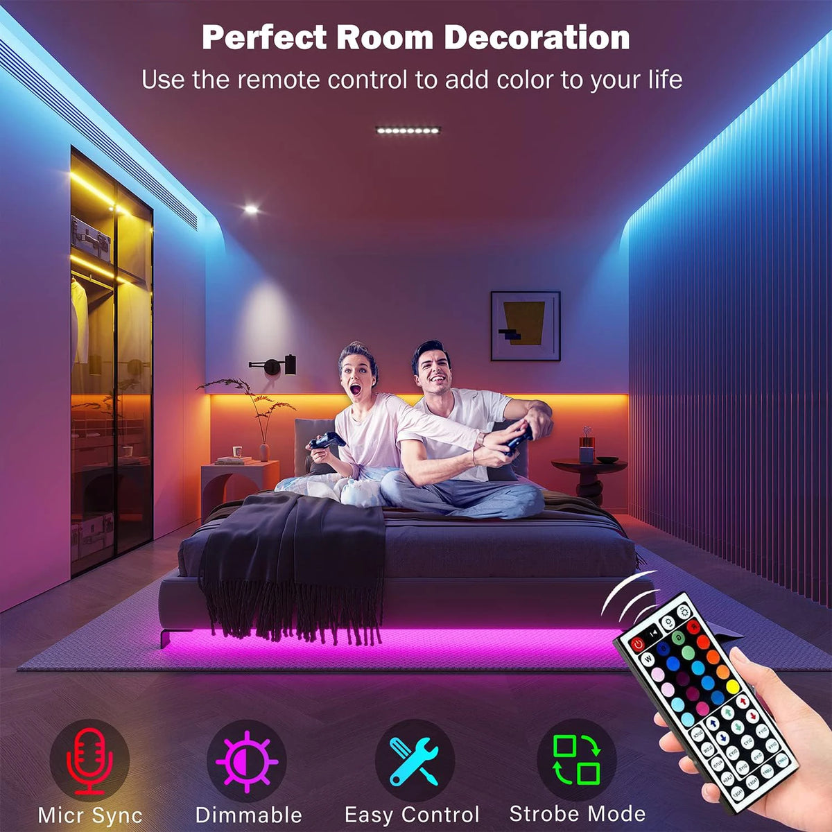 RGB LED Strip Lights with App & Remote Control – Flexible Room Bedroom Decoration Tape