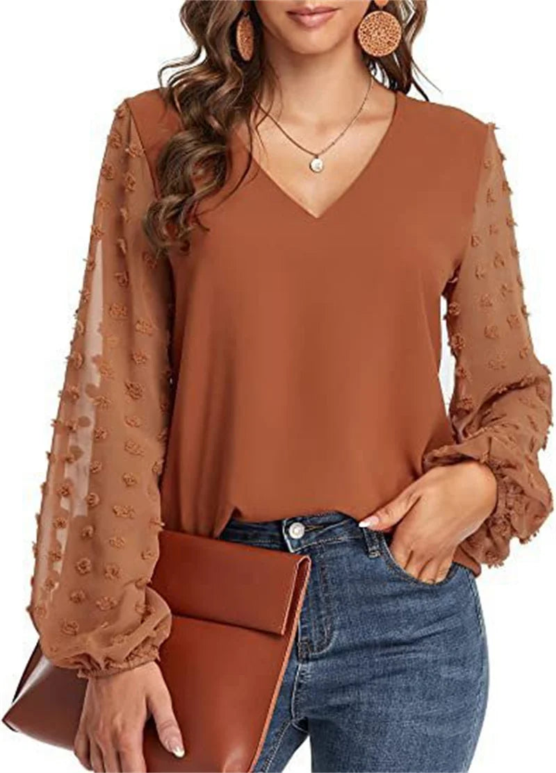 Elegant Chiffon Splicing Bubble Sleeve Blouse Female British Style Comfortable Commuter Shirt Women's V Neck Pullover Loose Tops