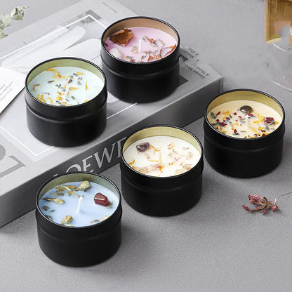 Kristall-Sojawachs-Kerze mit Trockenblumen in Eisen-Dose | 7 Farben | 20 Std. Brenndauer | Party & Geschenk