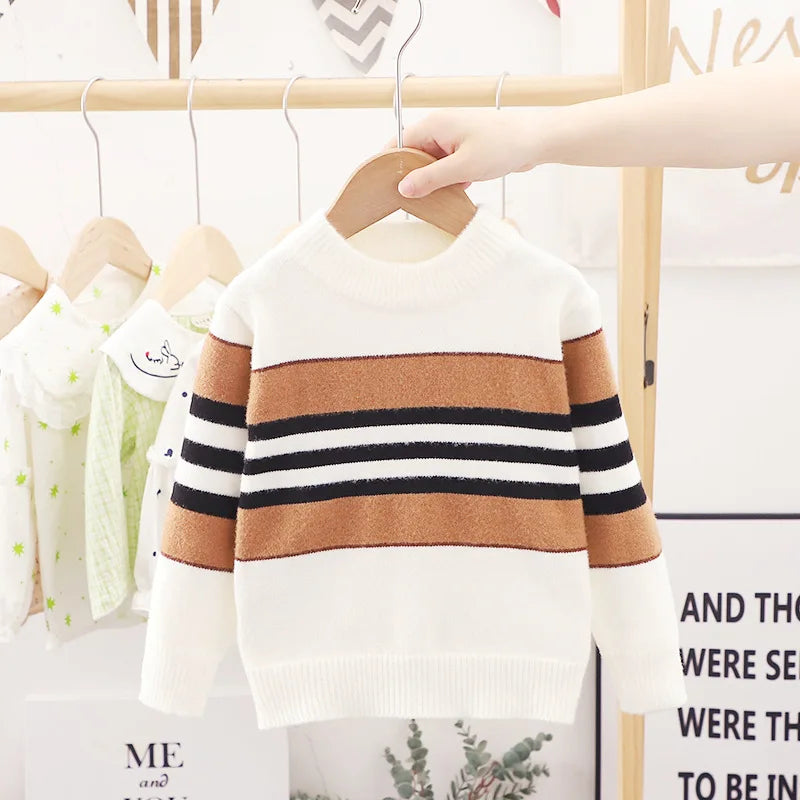 Boys' Striped High Collar Knit Sweater - Full Sleeve Winter Knitwear, Ages 2-6