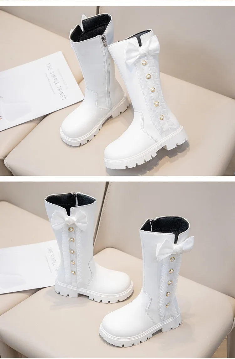 Girls' Waterproof Knee-High Boots with Bow & Lace