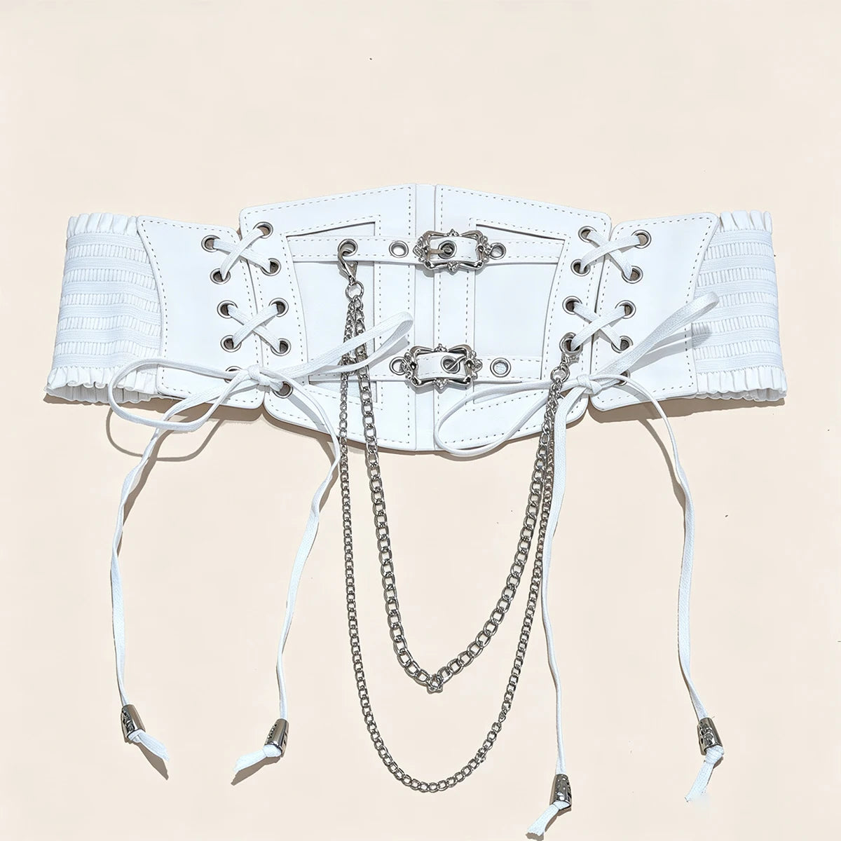 Lace-Up Corset Belt with Chain – Wide Faux Leather Waist Belt